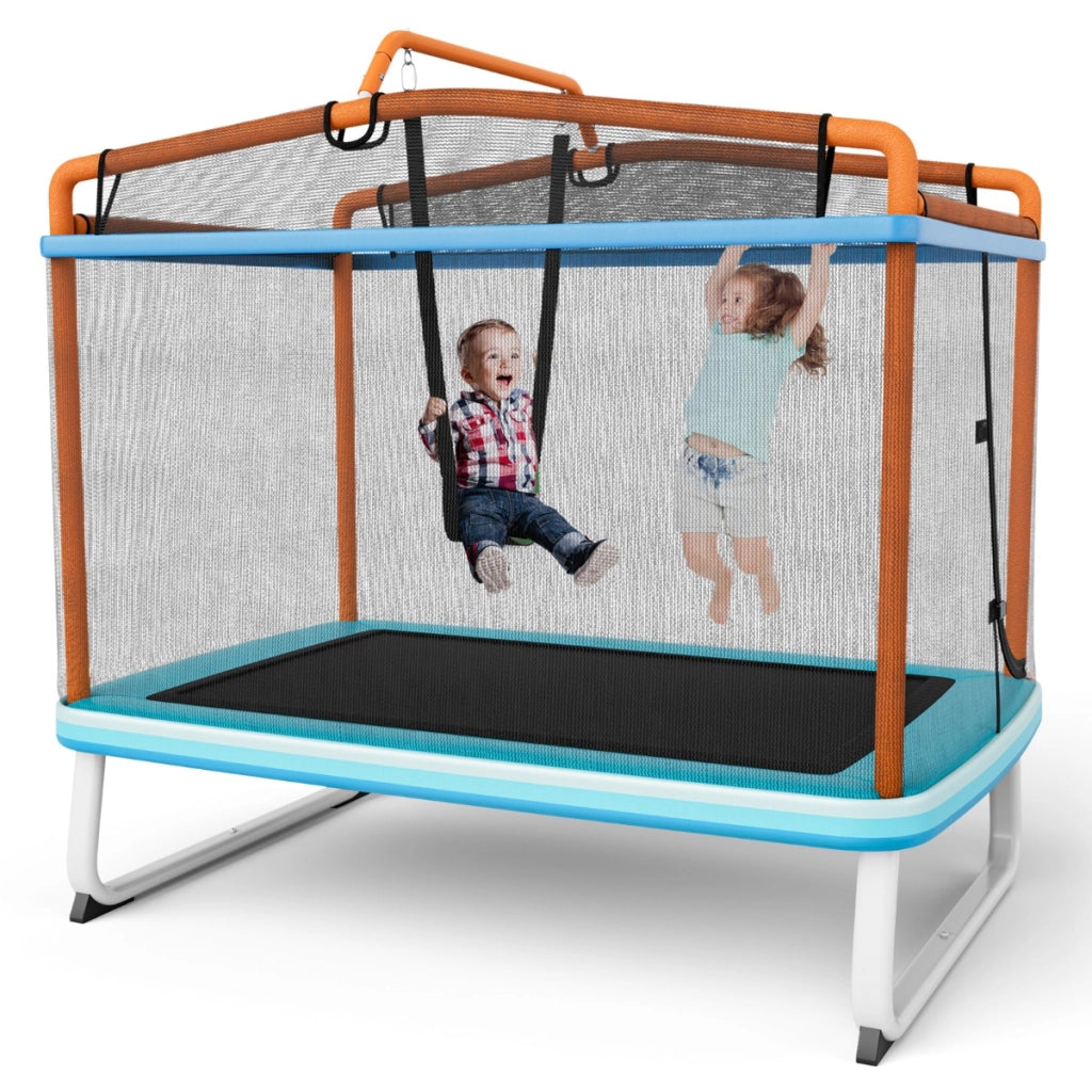 Trampolino per bambini con rete di protezione altalena barra orizzontale, Trampolino da esterno 190x124x222cm Arancione