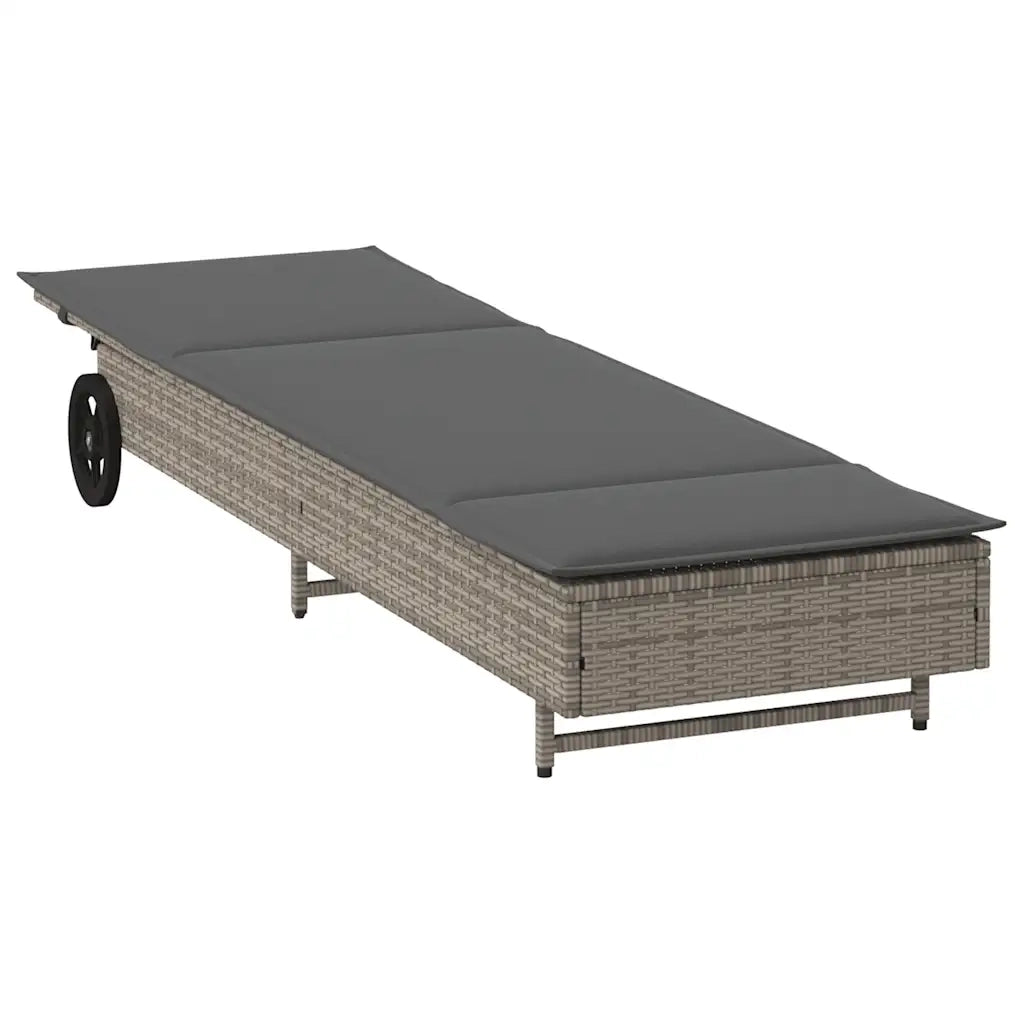 Lettino Prendisole con Ruote e Cuscino in Polyrattan Grigio 4104035