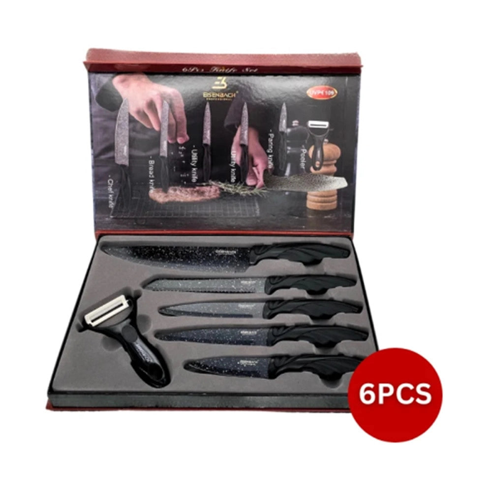 Trade Shop - Set Di Coltelli Rivestiti In Marmo Con Manici Ergonomici Antiscivolo 6 Pezzi Nero -