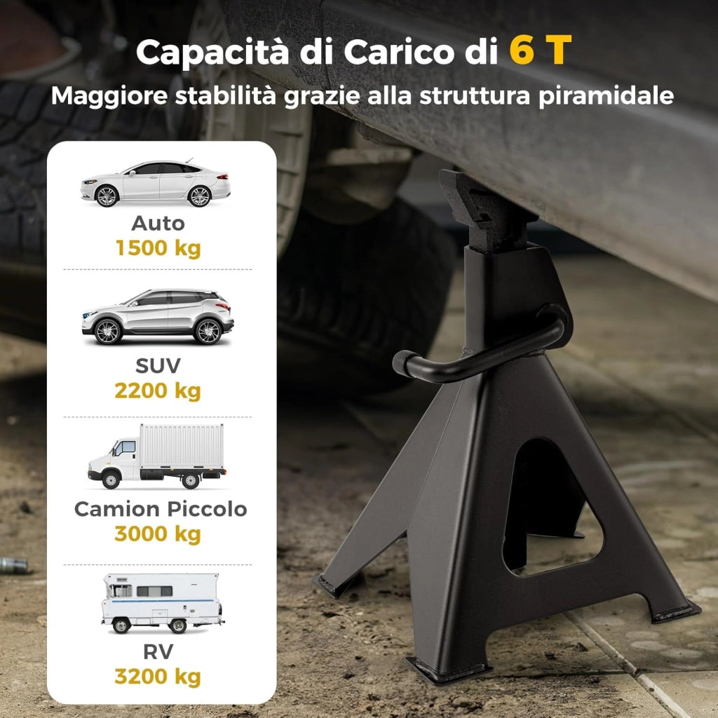 COSTWAY Coppia di Cavalletti per Auto con Portata di 6 Tonnellate, Cavalletti Auto Treppiedi a Cremagliera Altezza di Sollevamento 360-585 mm, Cavalletti Supporto Solleva Auto, Nero