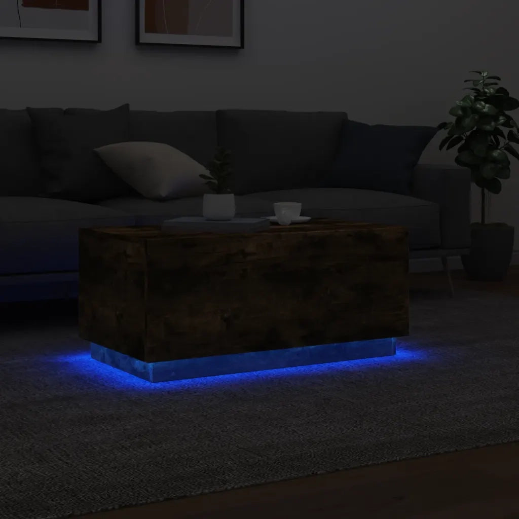 Tavolino da Soggiorno con Luci LED Rovere Fumo 90x50x40 cm 839879