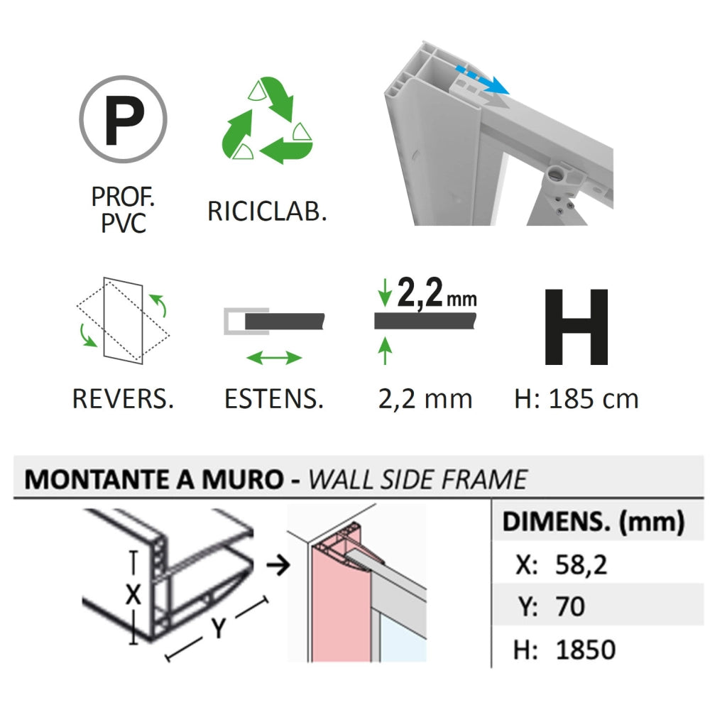 Parete doccia Walk-in Lato 120 CM H 190 in Acrilico mod. Beatrix Profilo