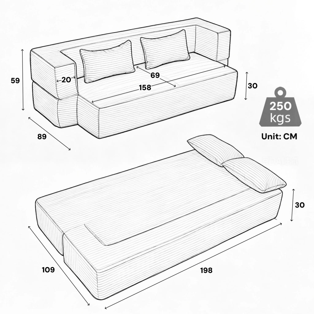 DIVANO LETTO 2 IN 1 In corduroy Grigio con 2 cuscini