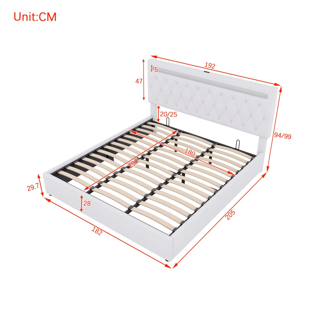 OKWISH Letto Contenitore 180×200 cm, Letto Matrimoniale con Contenitore, USB, USB-C e LED Regolabile, senza Materasso, Lino, Bianco