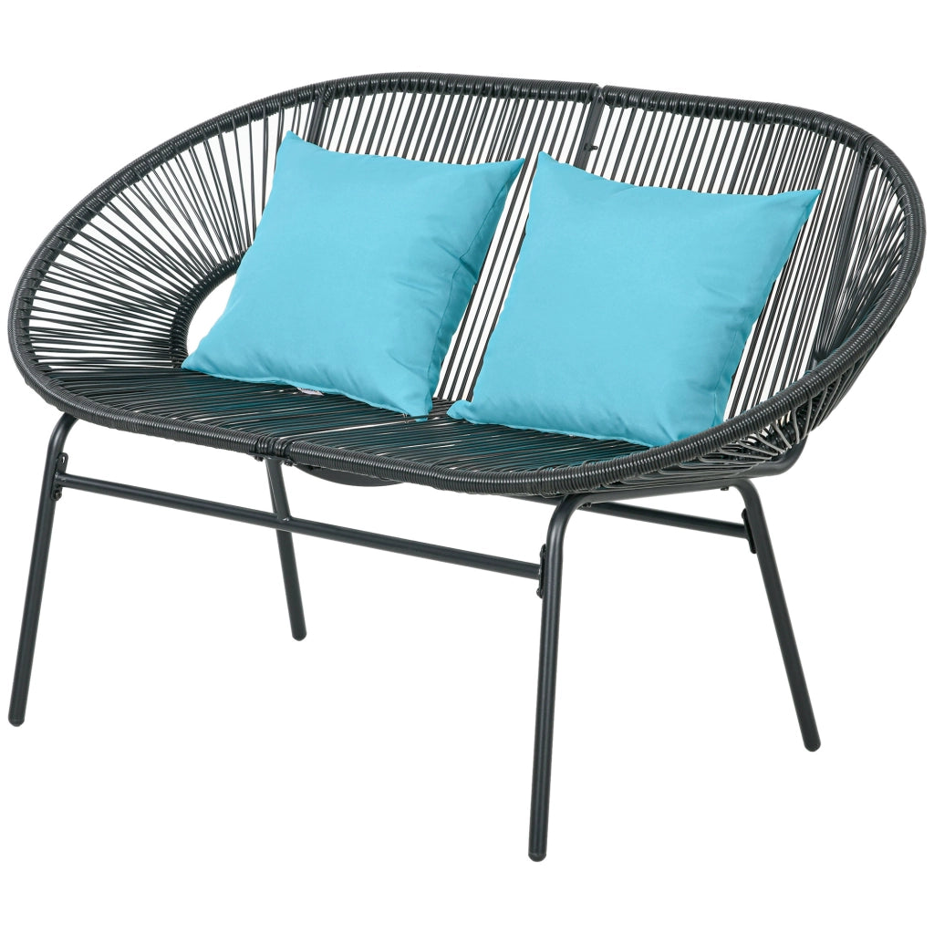 Divano da Giardino 2 Posti in Rattan PE e Acciaio con Cuscini e Braccioli, 132x72x83 cm, Nero