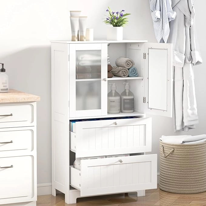 Armadio da Bagno a Terra, Armadietto Autoportante con 2 Cassetti e 2 Ante in Vetro Opaco e Ripiano Regolabile, Mobile Salvaspazio per Bagno, Cucina e Salotto (Bianco, 60x30x108cm)