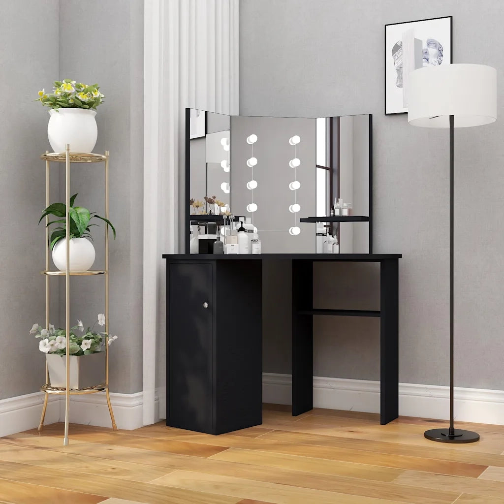 Toeletta | Tavolino da Trucco Angolare con LED Nero 111x54x141,5 cm
