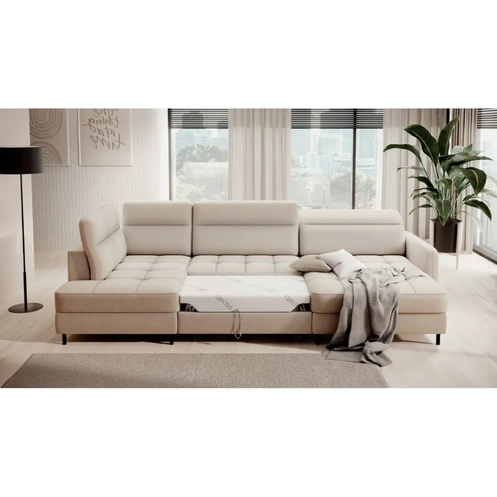 Divano ad angolo convertibile BERTHO 306 cm beige – Angolo destro con vano contenitore