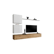 Set mobile da soggiorno a parete SWITCH VIII. Mobile TV da parete design, colori rovere Wotan e bianco lucido.