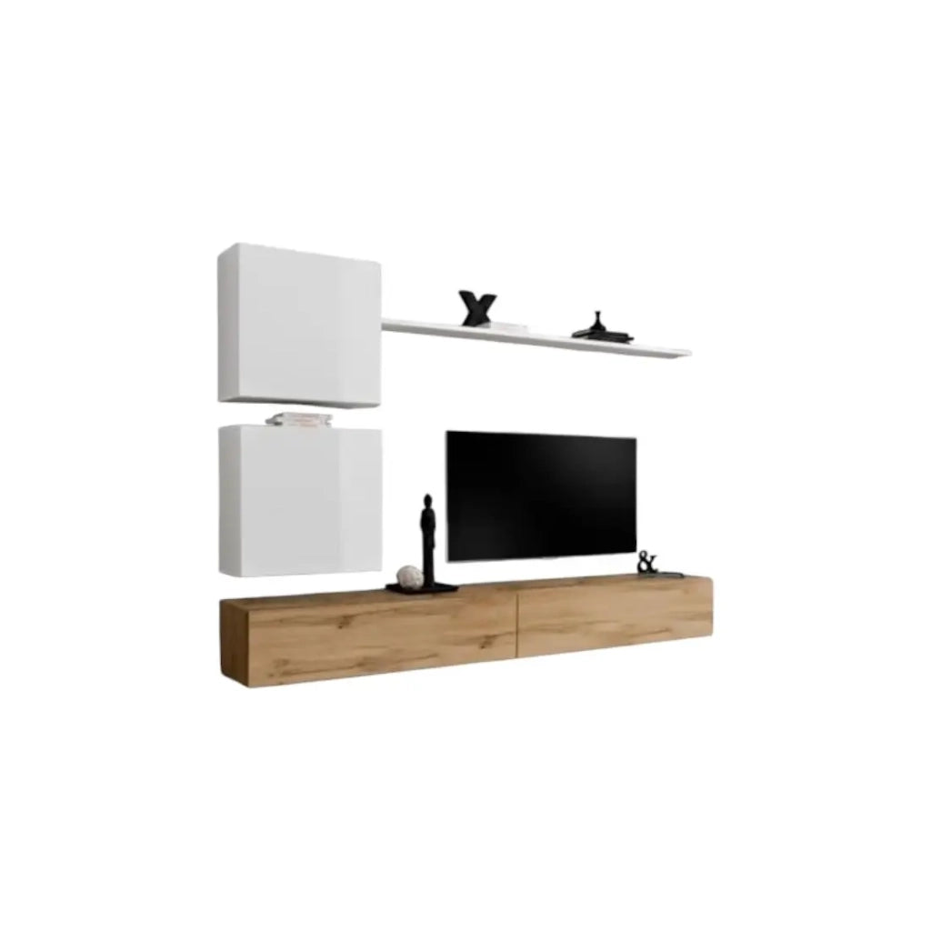 Set mobile da soggiorno a parete SWITCH VIII. Mobile TV da parete design, colori rovere Wotan e bianco lucido.
