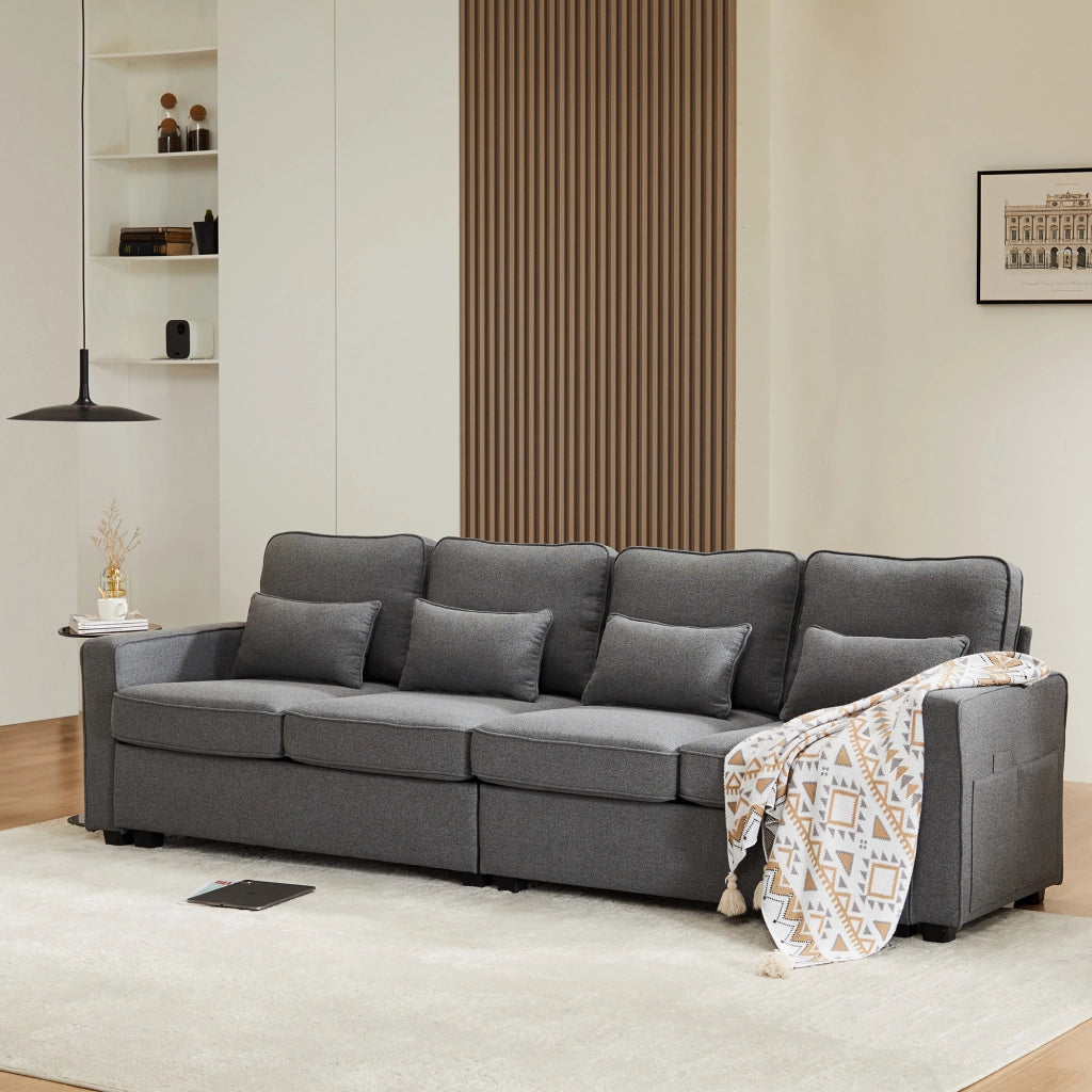 Divano 4 Posti in Tessuto con Braccioli e Cuscini ¨C MINIMAL ¨C Beige/Grigio/Verde