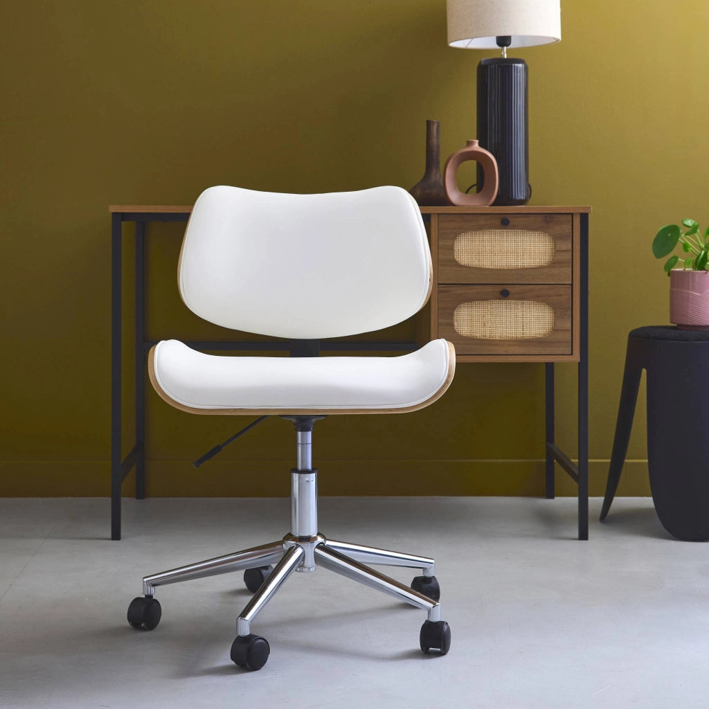 Sedia da ufficio con rotelle, effetto legno curvato e similpelle,