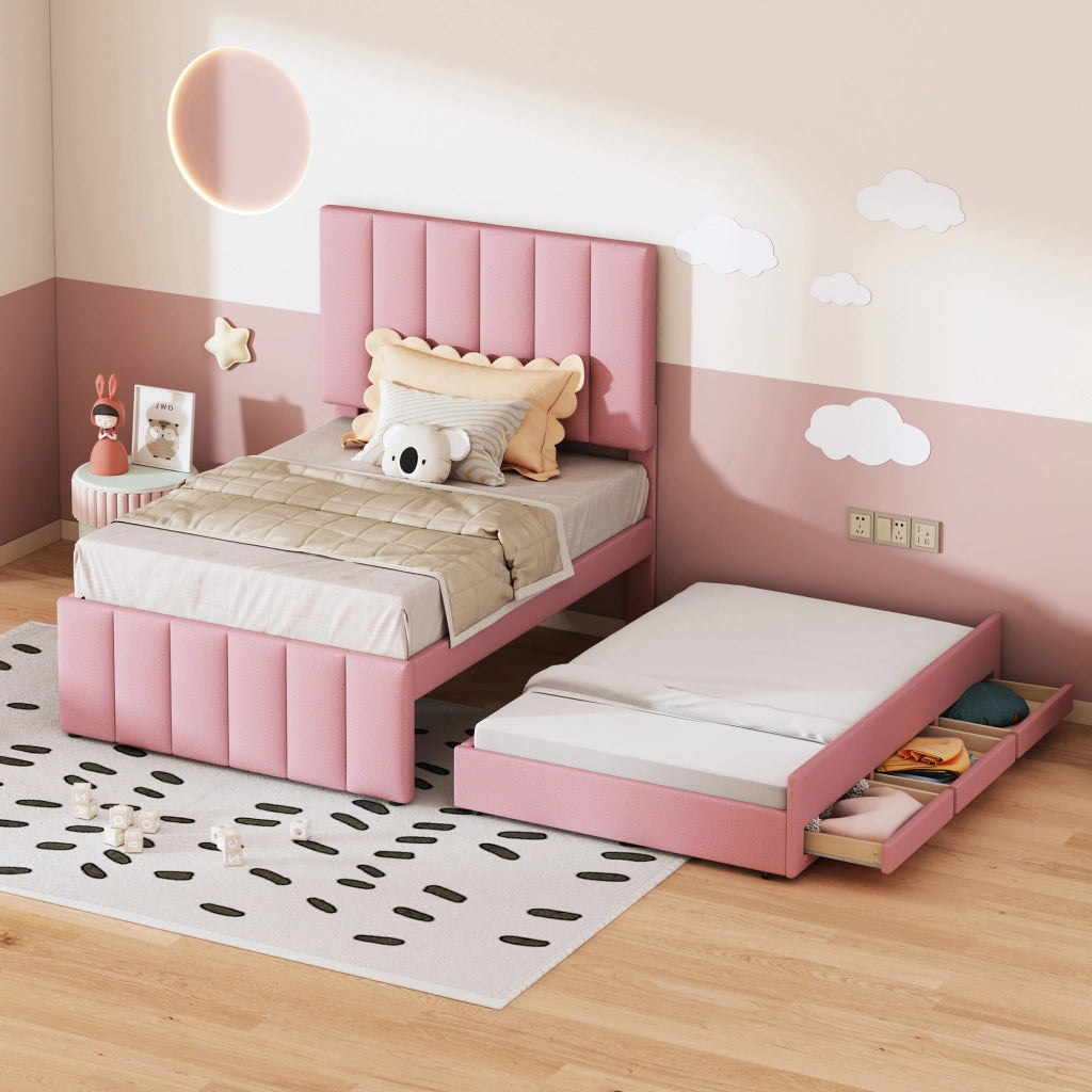 DESMIU Letto estraibile singolo con 3 cassetti e testiera regolabile 90 × 200 e 90 × 190 cm, senza materasso, rosa