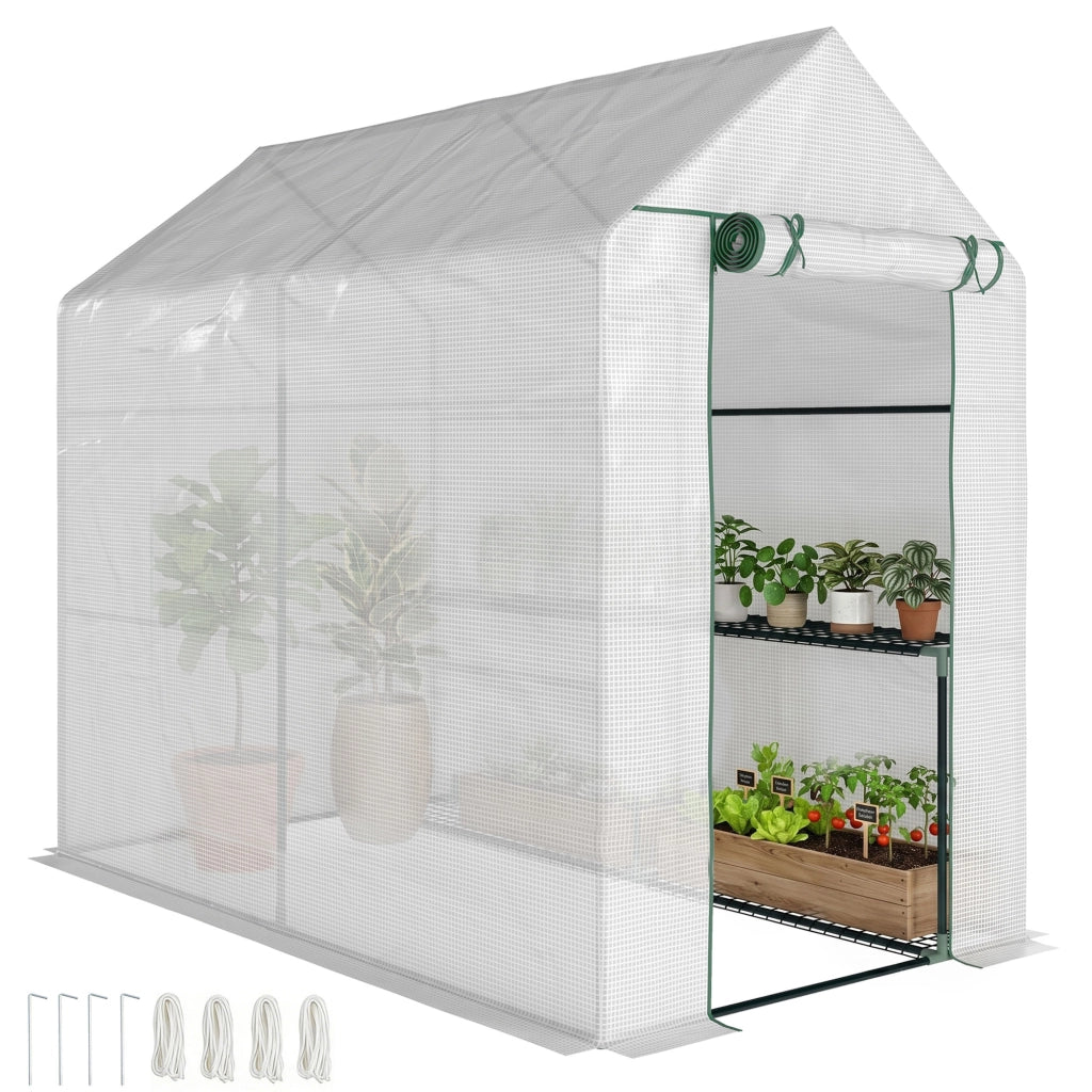 Serra da Giardino a Casetta con Rivestimento in PE ¨C Xylo ¨C 4 Ripiani, Porta a Cerniera, 186x120x190cm, Bianco