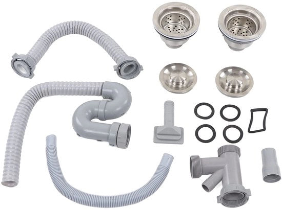 Scarico di drenaggio con doppio scarico - Installazione facile - Acciaio inossidabile/ABS - Scarico rapido - Adatto per cucina/bagno - 12 accessori inclusi - Scarico di drenaggio