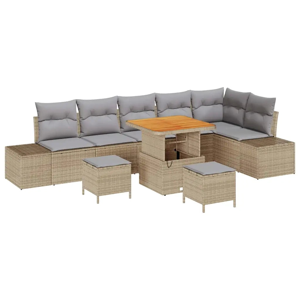 Set Divano da Giardino con cuscino 9 pcs Beige Poly Rattan