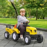 Trattore a Pedali per Bambini da 3+ Anni con Rimorchio, Rastrello, Pala e Clacson, Giallo