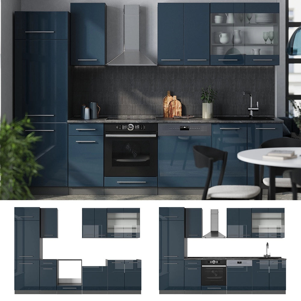 Cucina componibile Fame-Line Blu scuro lucido/Antracite 300 cm, PL Rovere Vicco