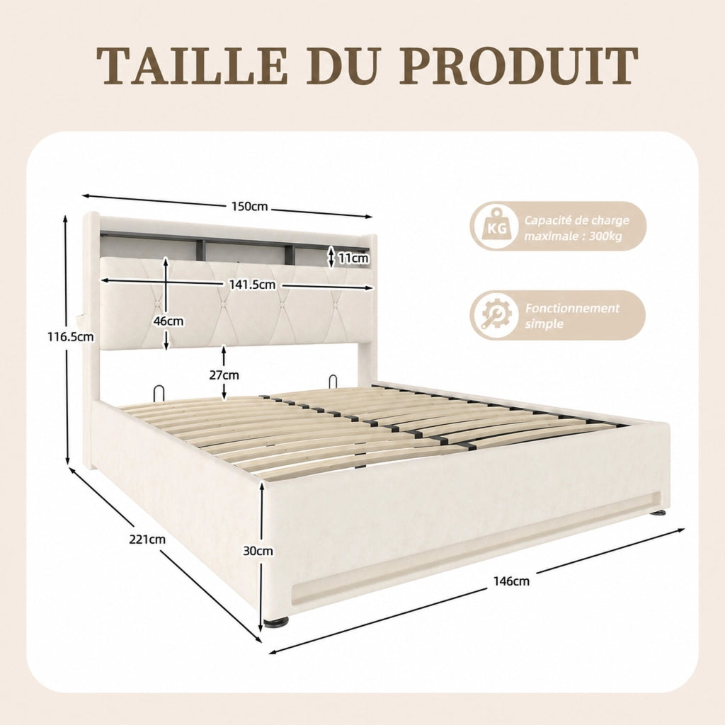 DESMIU Lit contenitore 140 × 200 cm 2 posti con LED, USB e Type-C, vano sottoletto e testiera, senza materasso