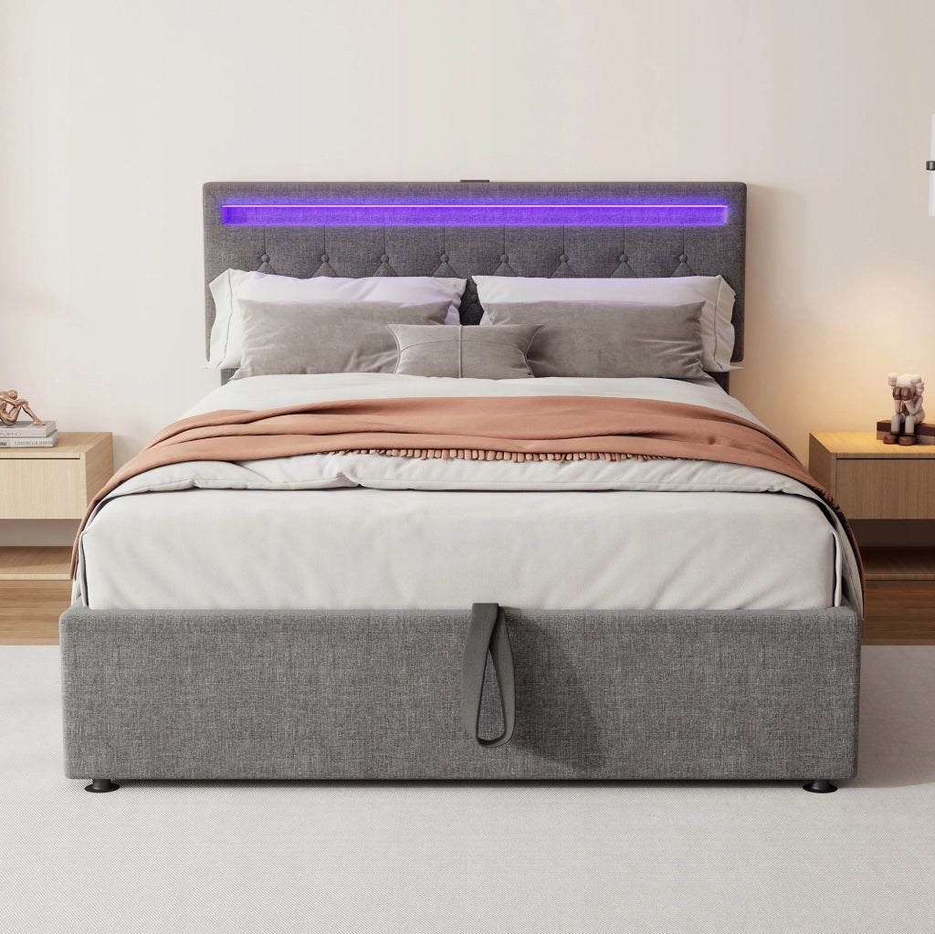 Letto 140x200 con LED e USB - Xylo - Idraulico, Grigio