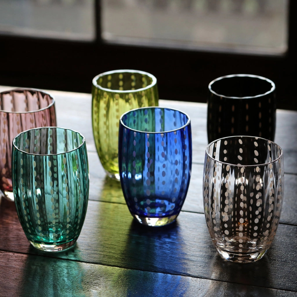 Zafferano Perle Bicchiere Blu - Vetro Colorato Soffiato a Bocca, 32 cl, Lavorato a Mano - Set da 2 Tumblers Artigianali per Acqua o Cocktail