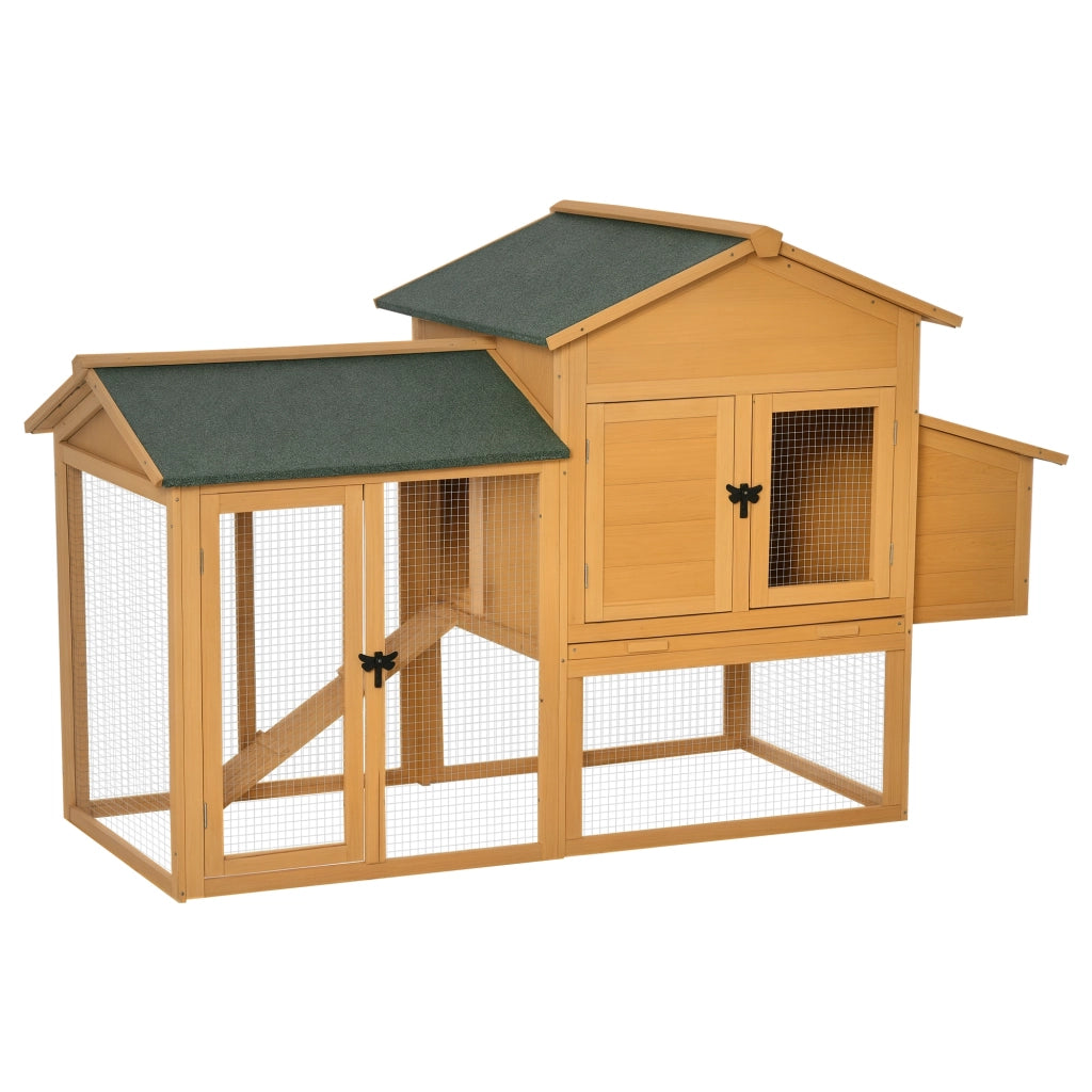 Polleria per galline nane con recinto esterno e nido da cova ¨C Zephmum ¨C Legno di abete trattato, tetto in catrame, giallo+verde