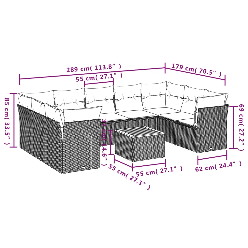 Set Divano da Giardino 10 pz con Cuscini Beige in Polyrattan