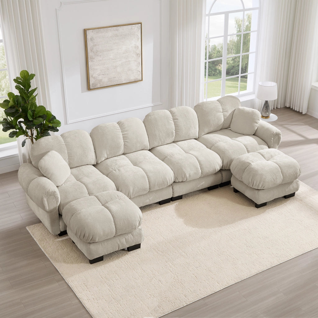Divano angolare componibile a U a 4 posti in chenille con pouf mobili e cuciture trapuntate beige chiaro