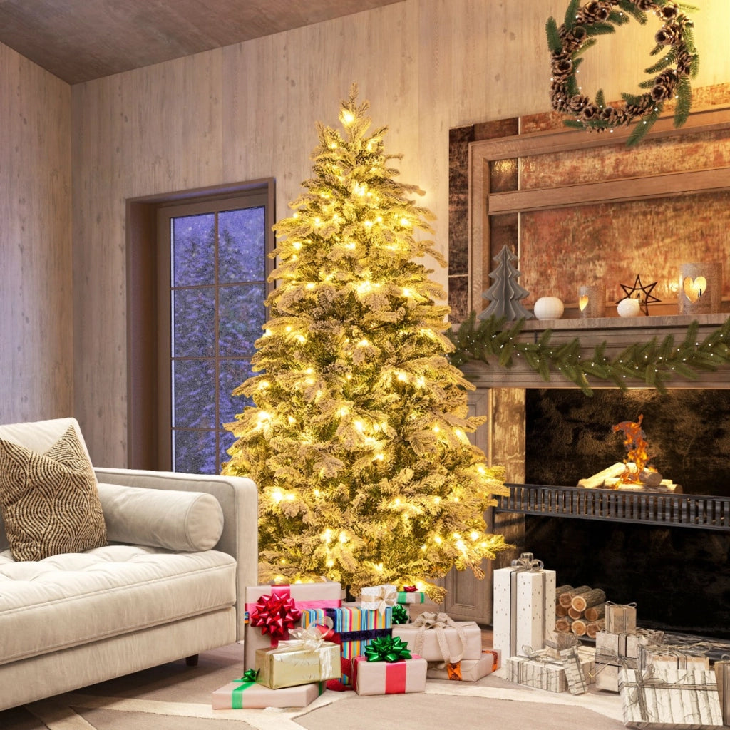 Albero di natale innevato con 260 luci led giunti a cerniera, Albero Natale pre-illuminato 180cm Bianco
