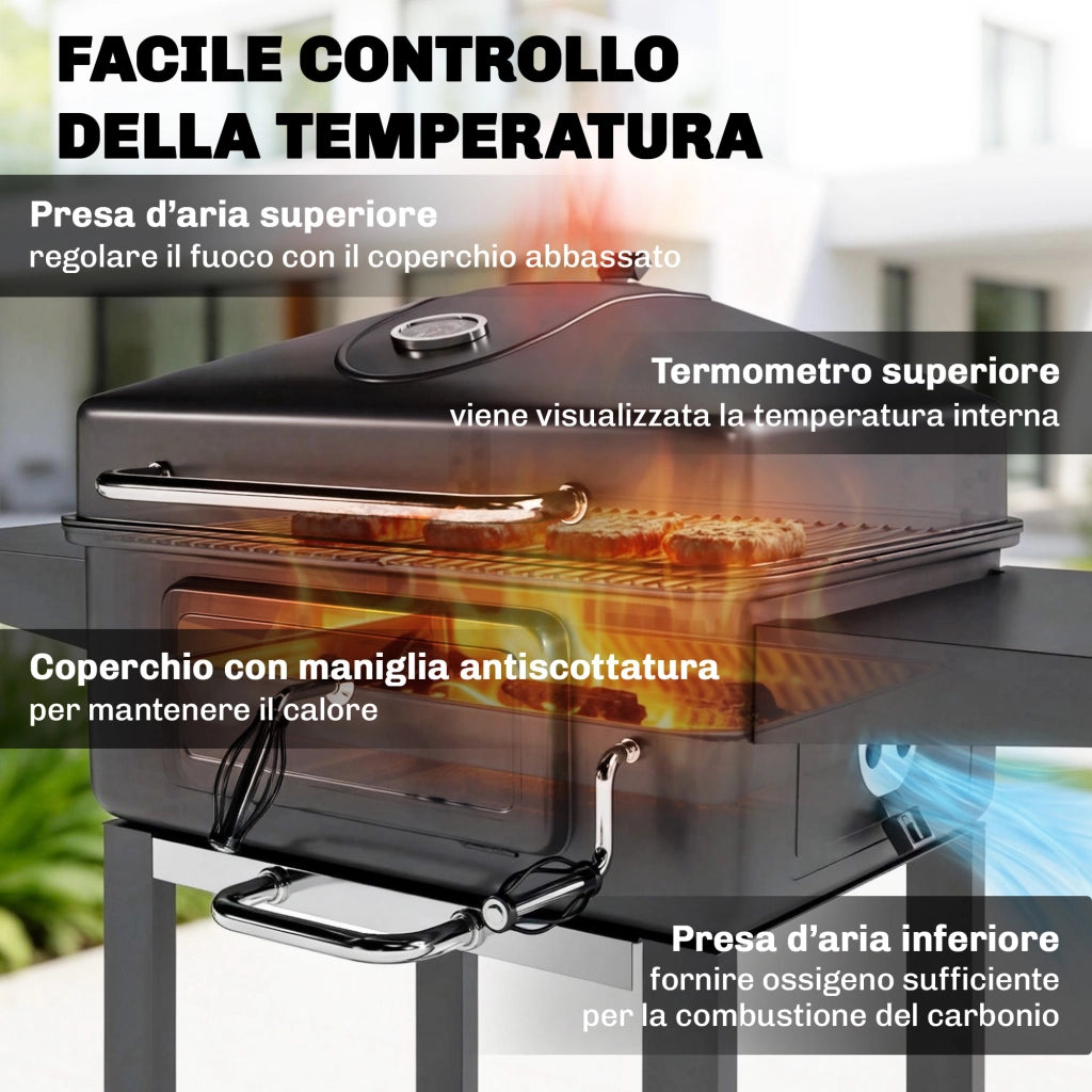 Barbecue a Carbone con Affumicatore ¨C Xylo ¨C Nero con Termometro e Mensole Laterali