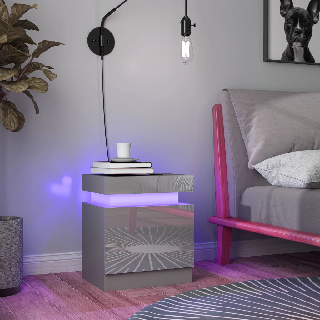 Comodino con Luci LED e 2 Cassetti ¨C zephmum ¨C Grigio 45x35x52 cm
