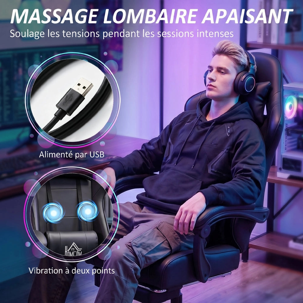 Poltrona da gaming ergonomica con massaggio lombare, schienale reclinabile, altezza regolabile ¨C zephmum ¨C nero