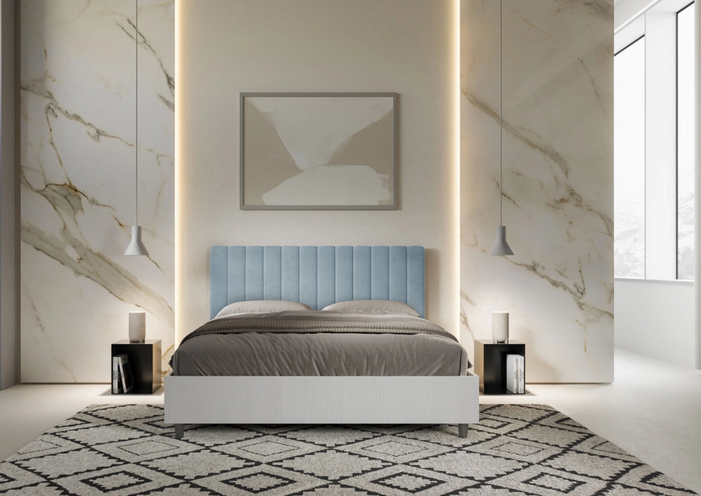 BS COM Letto matrimoniale senza rete 160x190 bianco frassino testata microfibra azzurro