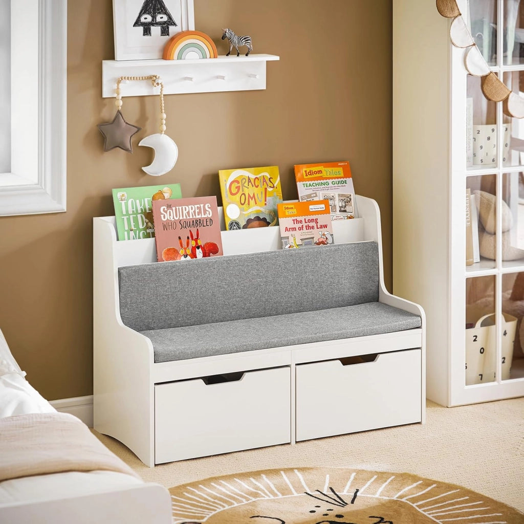 Panca per Bambini con Ruote Libreria con Scatola Portaoggetti Panca per Scarpe con Cuscino Sedile Bianco 100x45x70cm KMB66-W