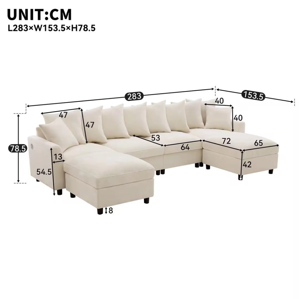 Divano angolare modulare a U o L 6 posti con porte USB e Type-C 8 cuscini e 2 pouf in chenille beige