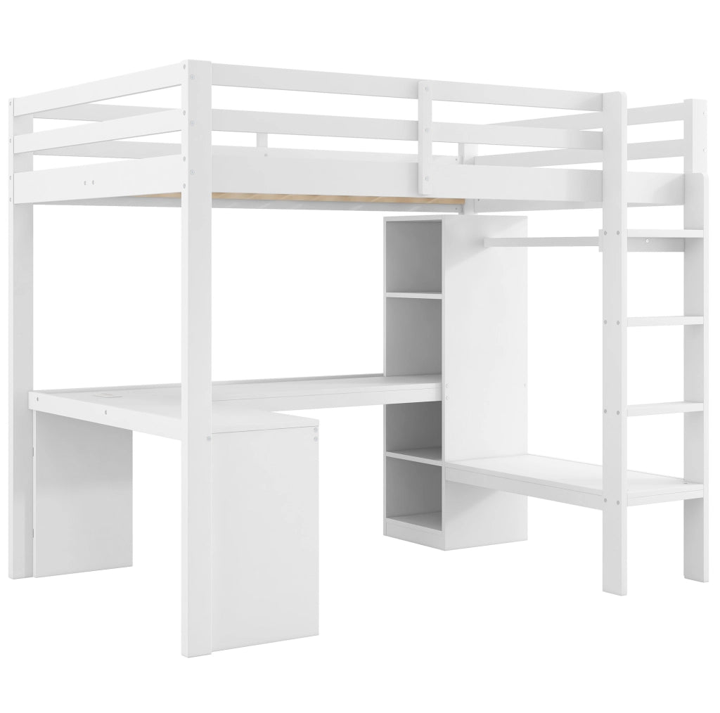 Letto a soppalco 140x200 cm con scrivania integrata; ripiani LED e USB; bianco
