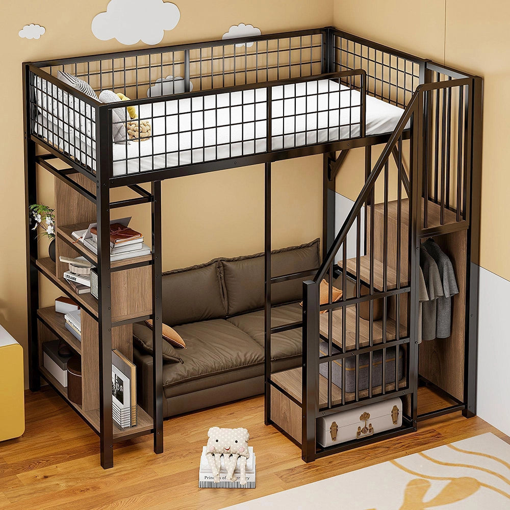 Letto a soppalco - Xylo - 90x200 cm nero con ripiani e scala