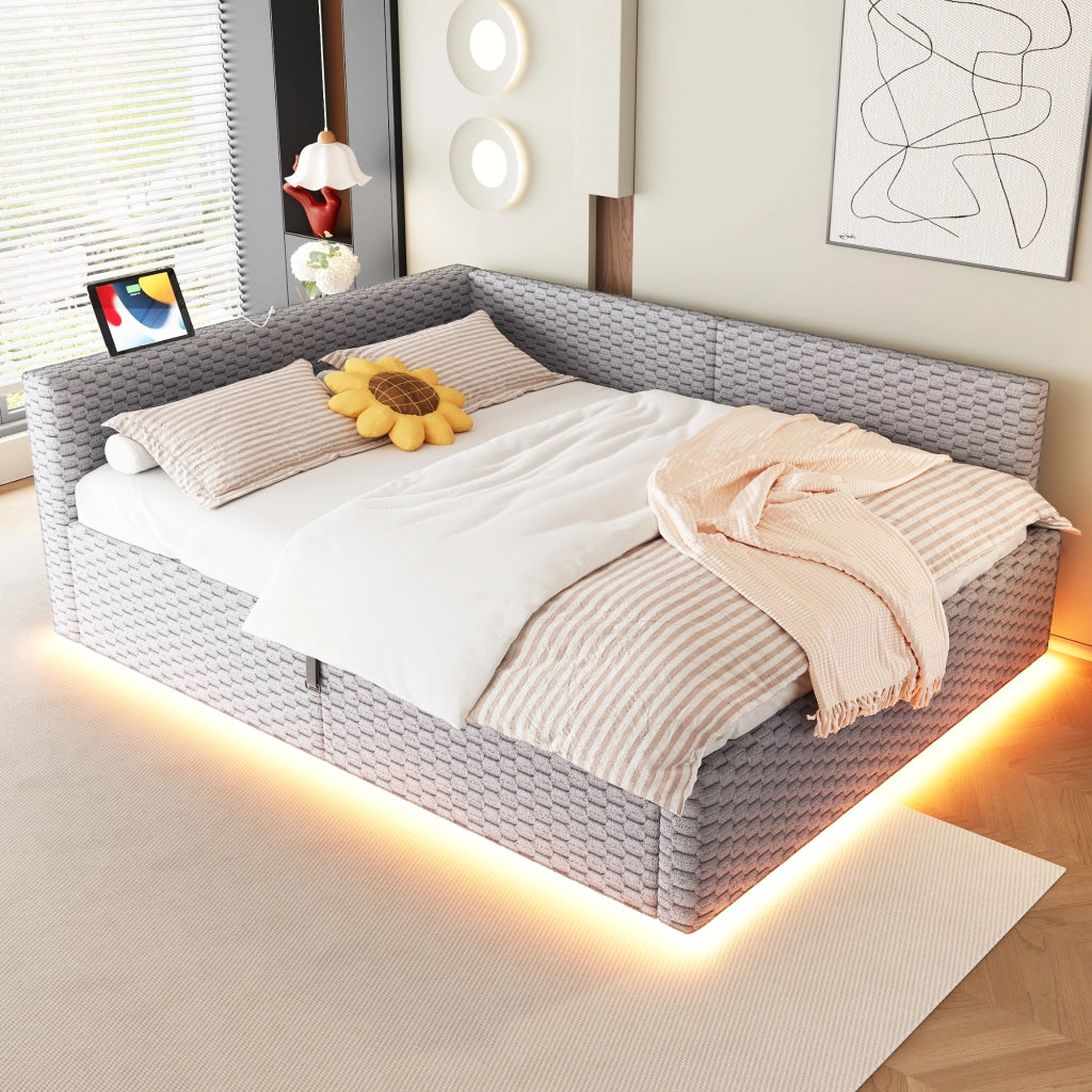 Letto Imbottito 140x200 con LED ¨C MINIMAL ¨C Velluto Grigio, Idraulico, USB