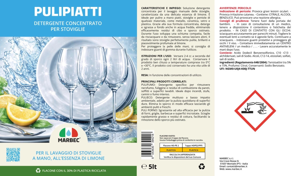 Detergente Piatti Concentrato, Sgrassa a Freddo, Risciacquo Rapido, Profumo Limone Marbec PULIPIATTI - 5LTx4Pz
