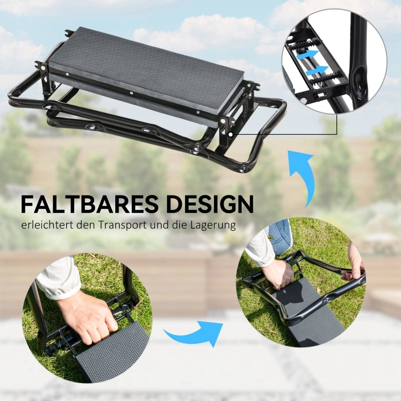 Panca da giardino pieghevole con cuscino per le ginocchia e tasche porta attrezzi, supporta fino a 150 kg, 58 x 28 x 49 cm, grigia