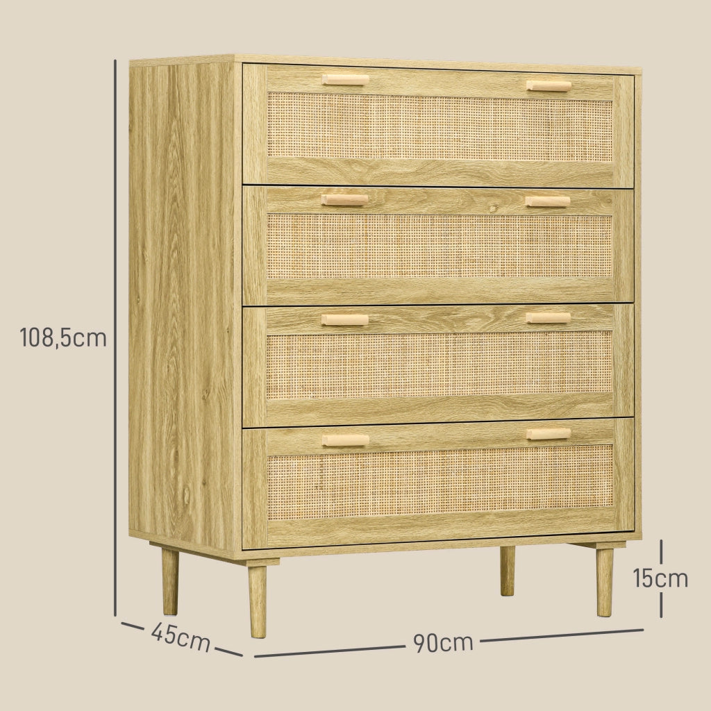 Cassettiera 4 cassetti in legno e tessuto effetto rattan stile boho ¨C Xylo ¨C 90x45x108,5cm naturale