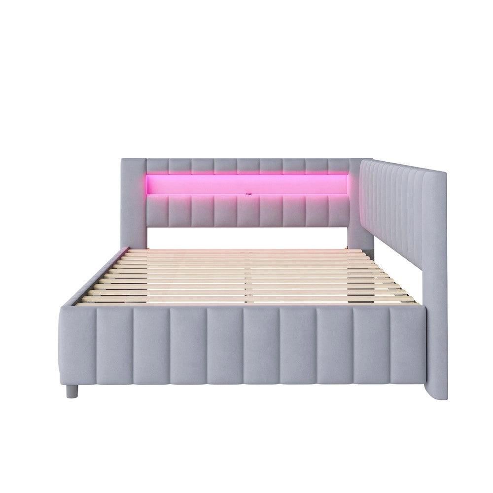Letto Imbottito 140x200 con LED e USB ¨C Xylo ¨C Velluto Grigio, Testiera, Struttura