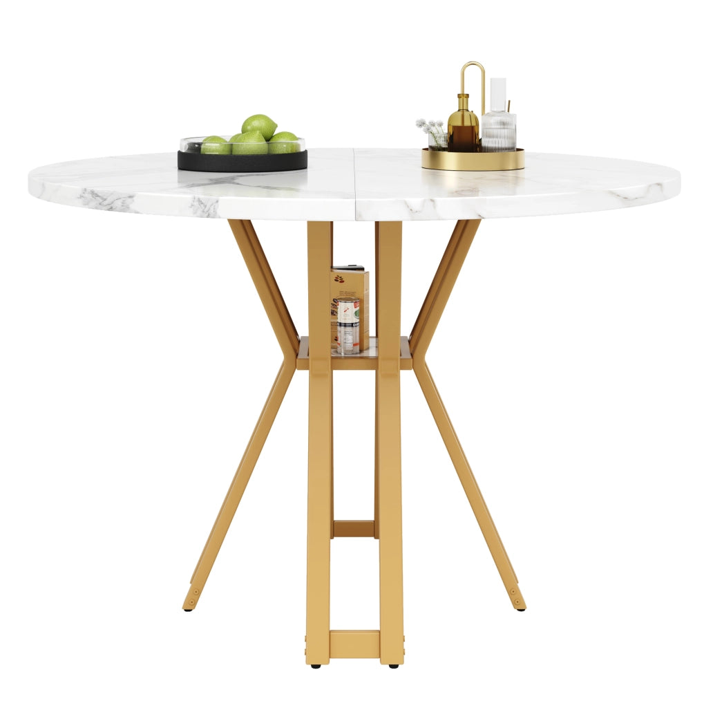 Tavolo da pranzo rotondo 100x100x76 cm in MDF e metallo; bianco e oro