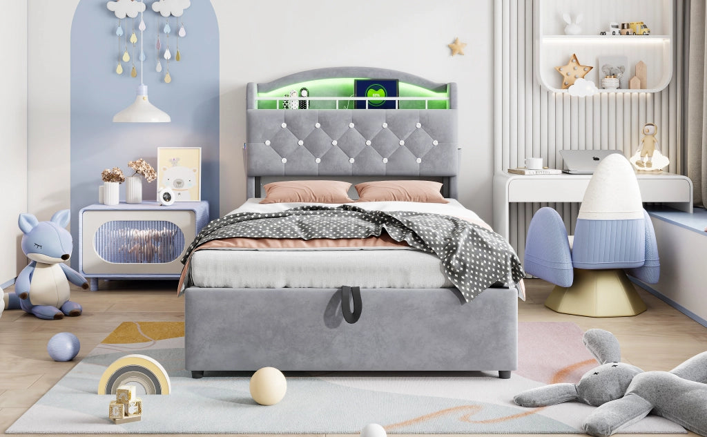 letto imbottito tessuto grigio 90 x 200 cm