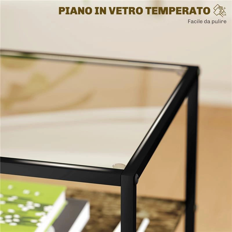 SET 2 TAVOLINI DA SOGGIORNO A 3 LIVELLI IN LEGNO E METALLO CON PIANO IN VETRO TEMPERATO 37X40X55.5 CM MARRONE