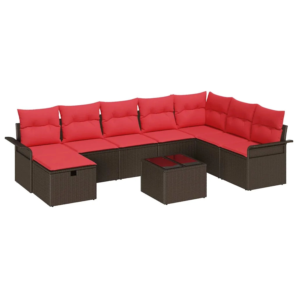 Set Divano da Giardino 9 pcs Marrone e Rosso polyrattan 3358943