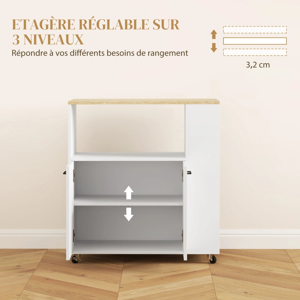 Carrello cucina con ruote ¨C Xylo ¨C piano lavoro ripiano regolabile 75x40x80cm bianco