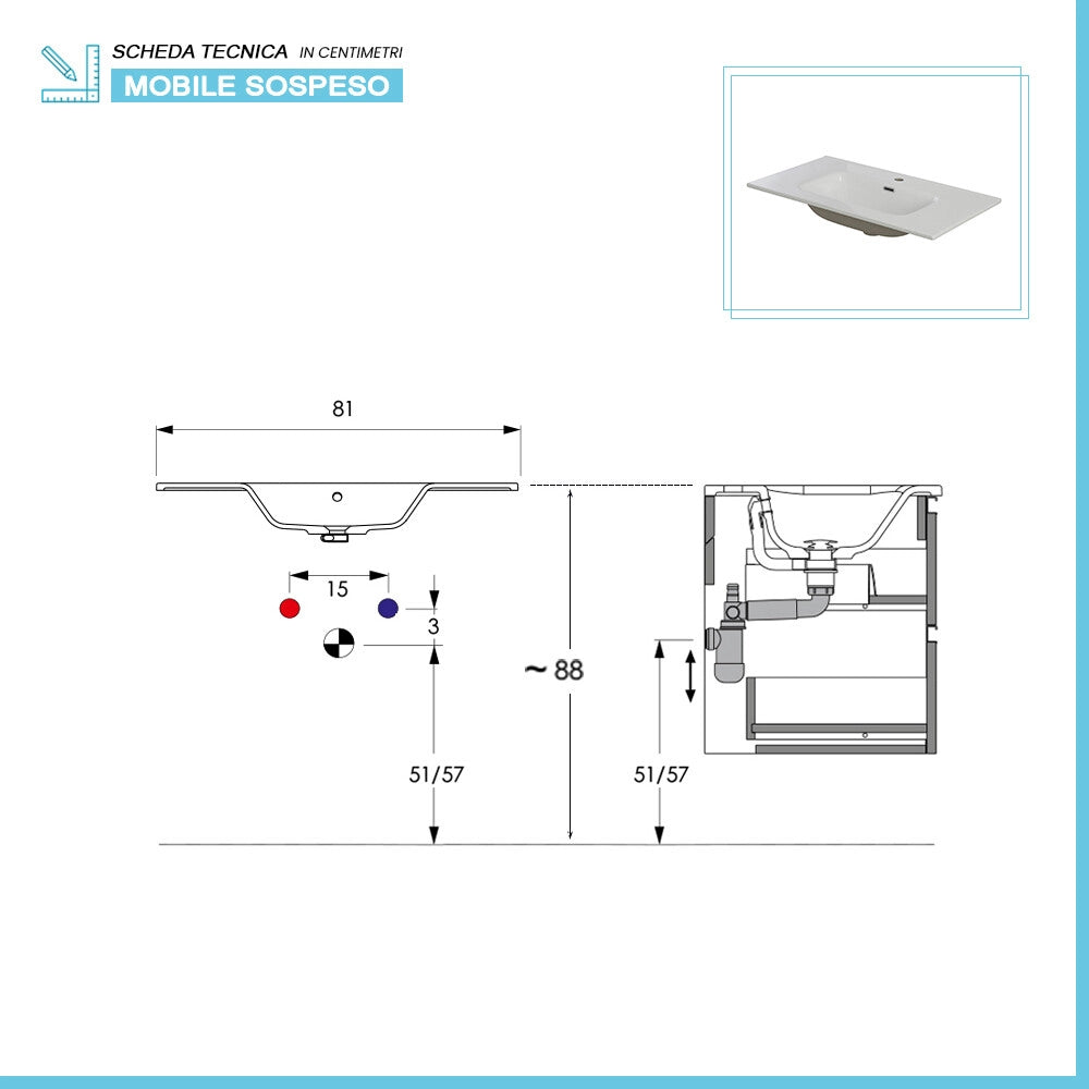 Mobile bagno sospeso 80cm quercia e bianco con lavabo Sumya