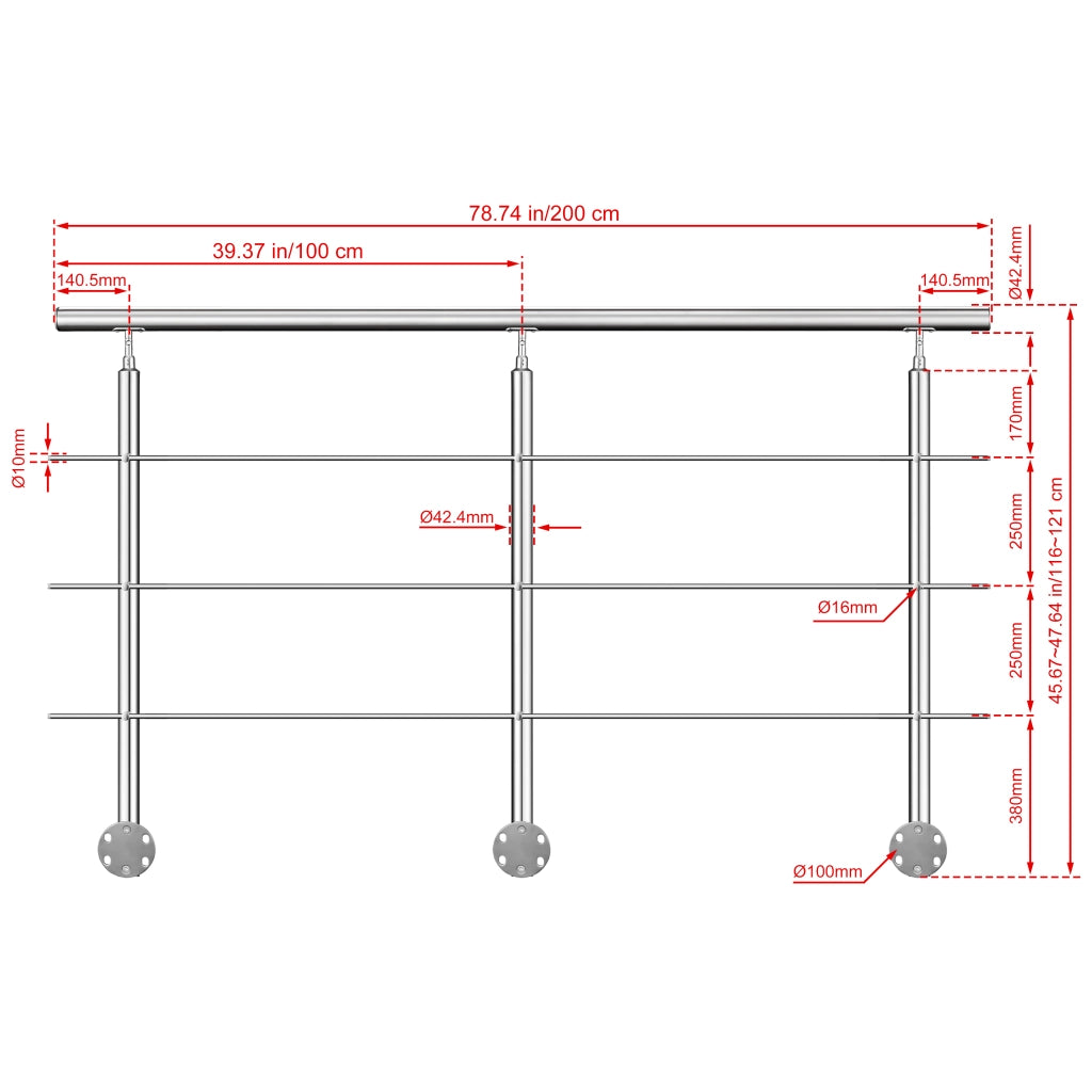 Ringhiera Balaustra Corrimano in acciaio inox 304 spazzolato per scale 200 cm, 3 barre trasversali, fissaggio laterale, per interni ed esterni