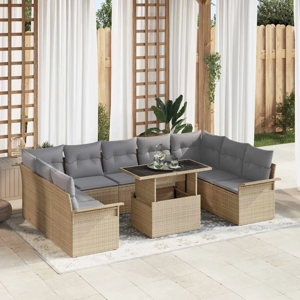 Set Divano da Giardino con cuscino 10 pcs Beige Poly Rattan